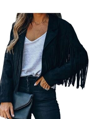 Black Fringe Faux Suede Leather Jacket - Women's Western-Inspired Coat
